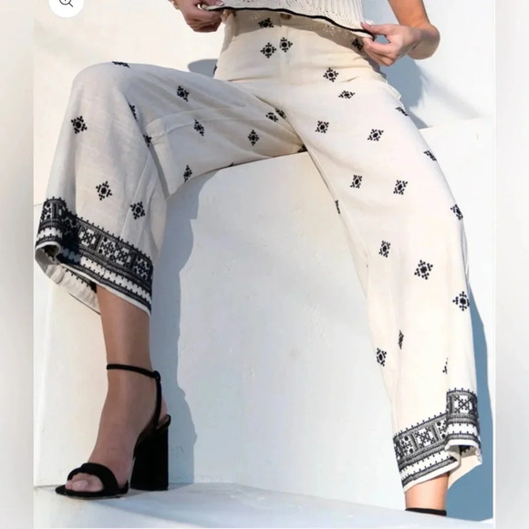 Fore Linen Straight Leg Embroidered Print Pants Resortwear boho tropical summer - Picture 3 of 13